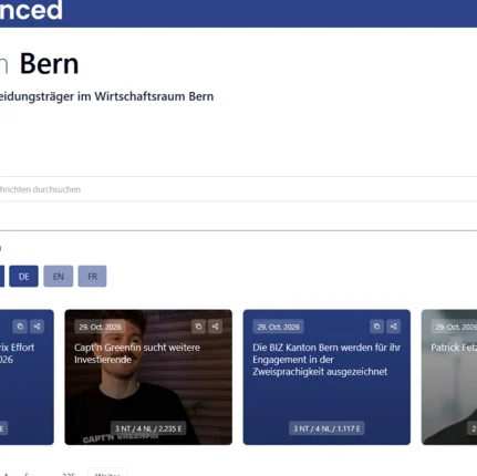 Der Berner NewsRoom fasst Nachrichten, Medienmitteilungen, Dokumente und Veranstaltungen zum Standort Kanton Bern effizient und personalisierbar zusammen. Bild: Bildschirmaufnahme